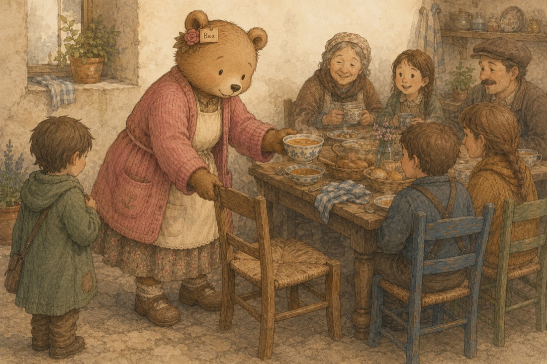 Bea the bear pulling out a chair at a cottage table, handing a bowl of soup to a family gathered for a meal
