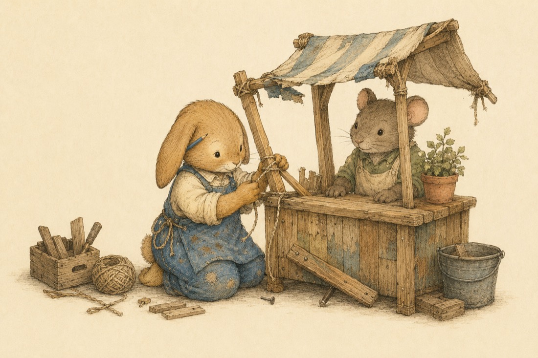 Pip the rabbit lashing together the frame of a striped market stall for a mouse shopkeeper
